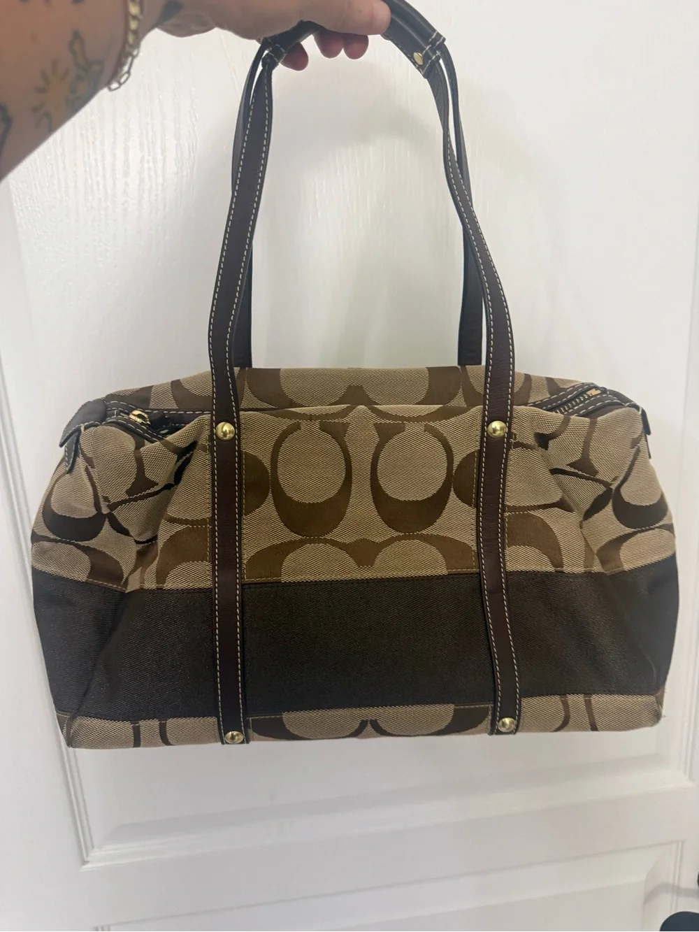 COACH Y2K Signature Khaki/Tan/Brown Canvas Jacquard Zip Satchel Handbag 11102